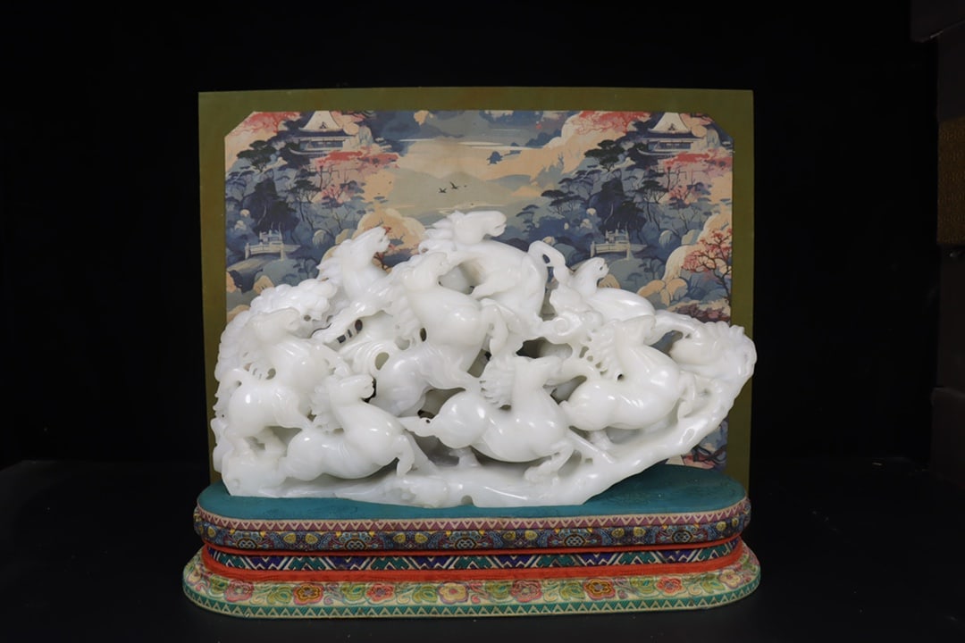 Vintage White Hetian Jade Hand Carved Eight Horse Statue w Box - 2