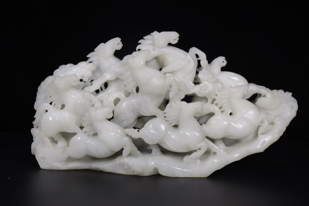 Vintage White Hetian Jade Hand Carved Eight Horse Statue w Box - 6