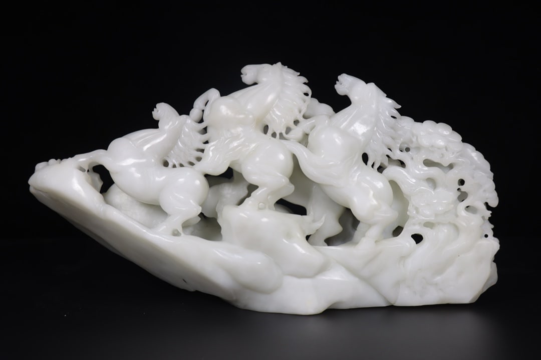 Vintage White Hetian Jade Hand Carved Eight Horse Statue w Box - 7