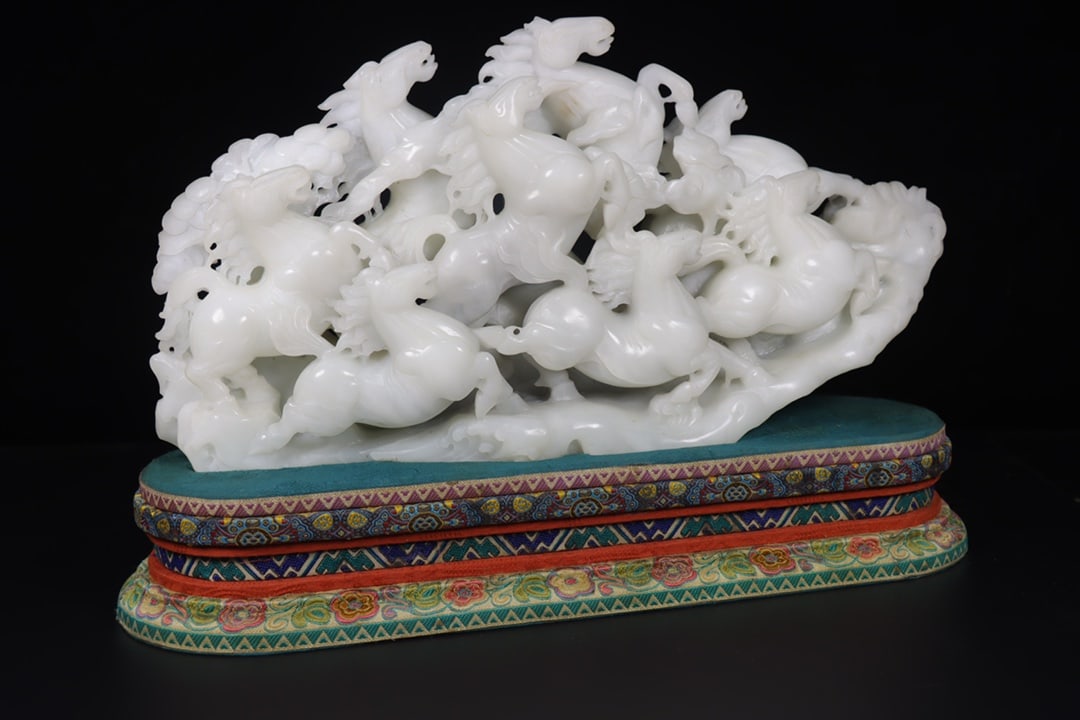 Vintage White Hetian Jade Hand Carved Eight Horse Statue w Box - 9