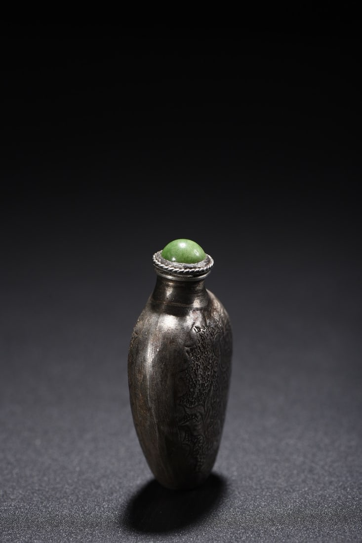 Old Pure Silver Carved Lotus Snuff Bottle - 7