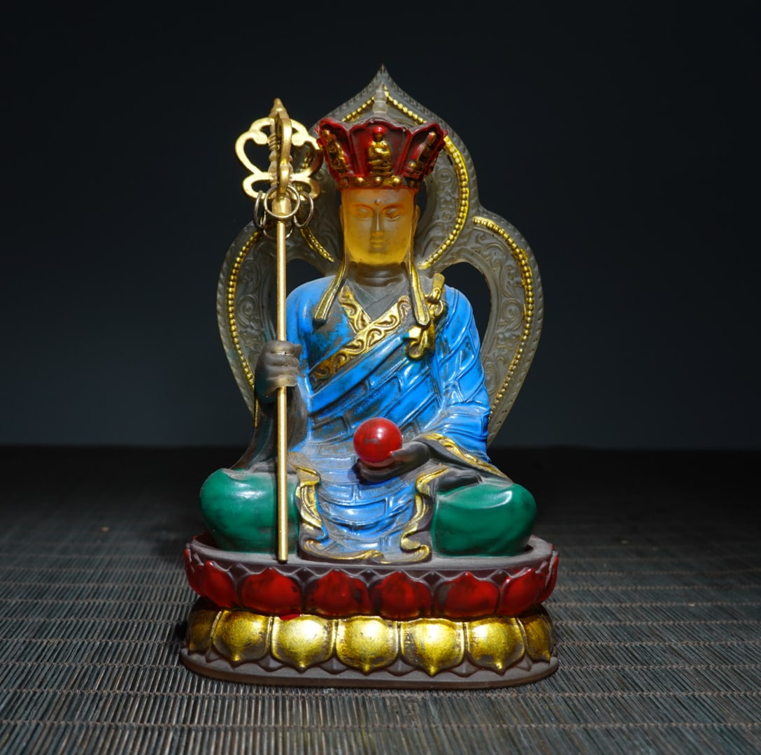 Old Peking Glass Ksitigarbha Bodhisattva Statue: Title: Old Peking Glass Ksitigarbha Bodhisattva Statue Origin: Chinese Date/Period: After1900 Materials: Old Peking Dimensions: 160x90x72(mm) 6.30x3.54x2.83(inches) Weight 1.95 lbs/887g Reserve: $299.