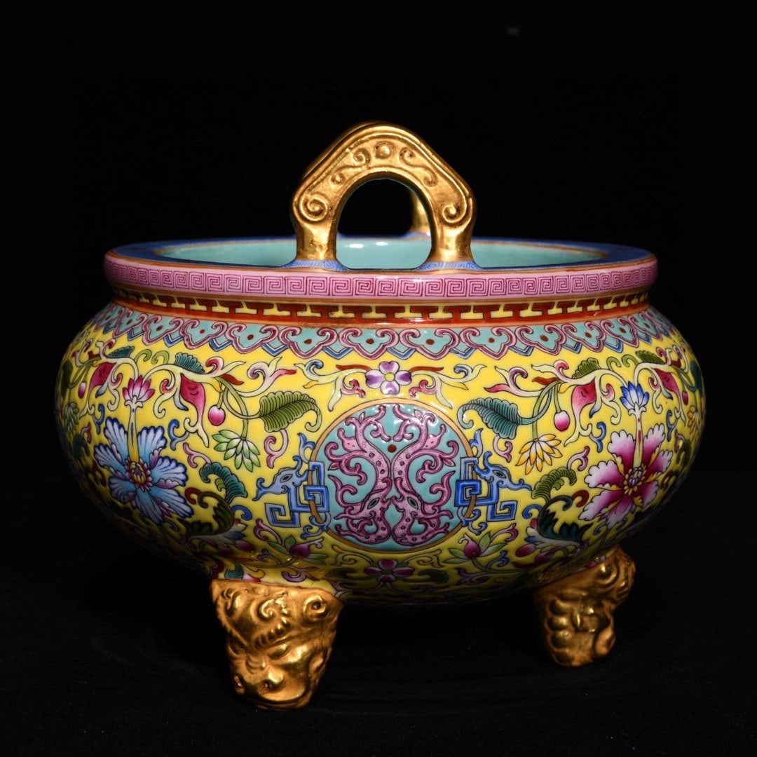 Old Gilt Gold Yellow Ground Famille Rose Double Ear Porcelain Incense Burner - 2