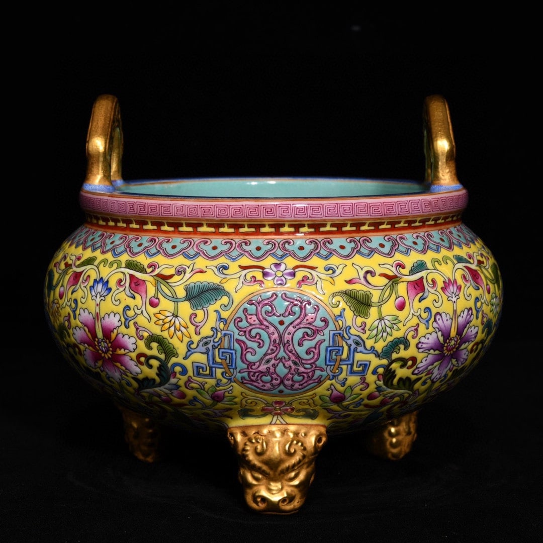 Old Gilt Gold Yellow Ground Famille Rose Double Ear Porcelain Incense Burner - 3