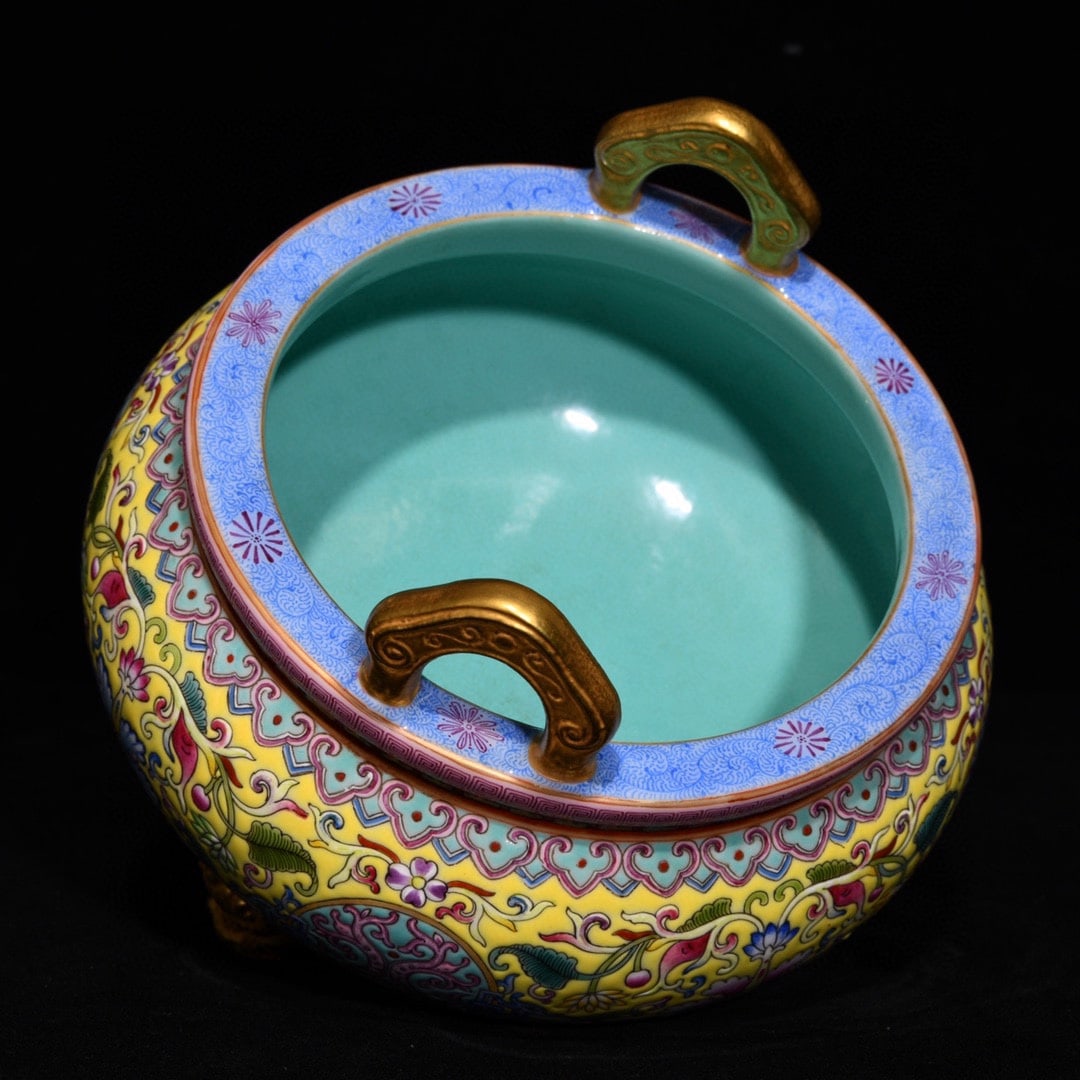 Old Gilt Gold Yellow Ground Famille Rose Double Ear Porcelain Incense Burner - 4