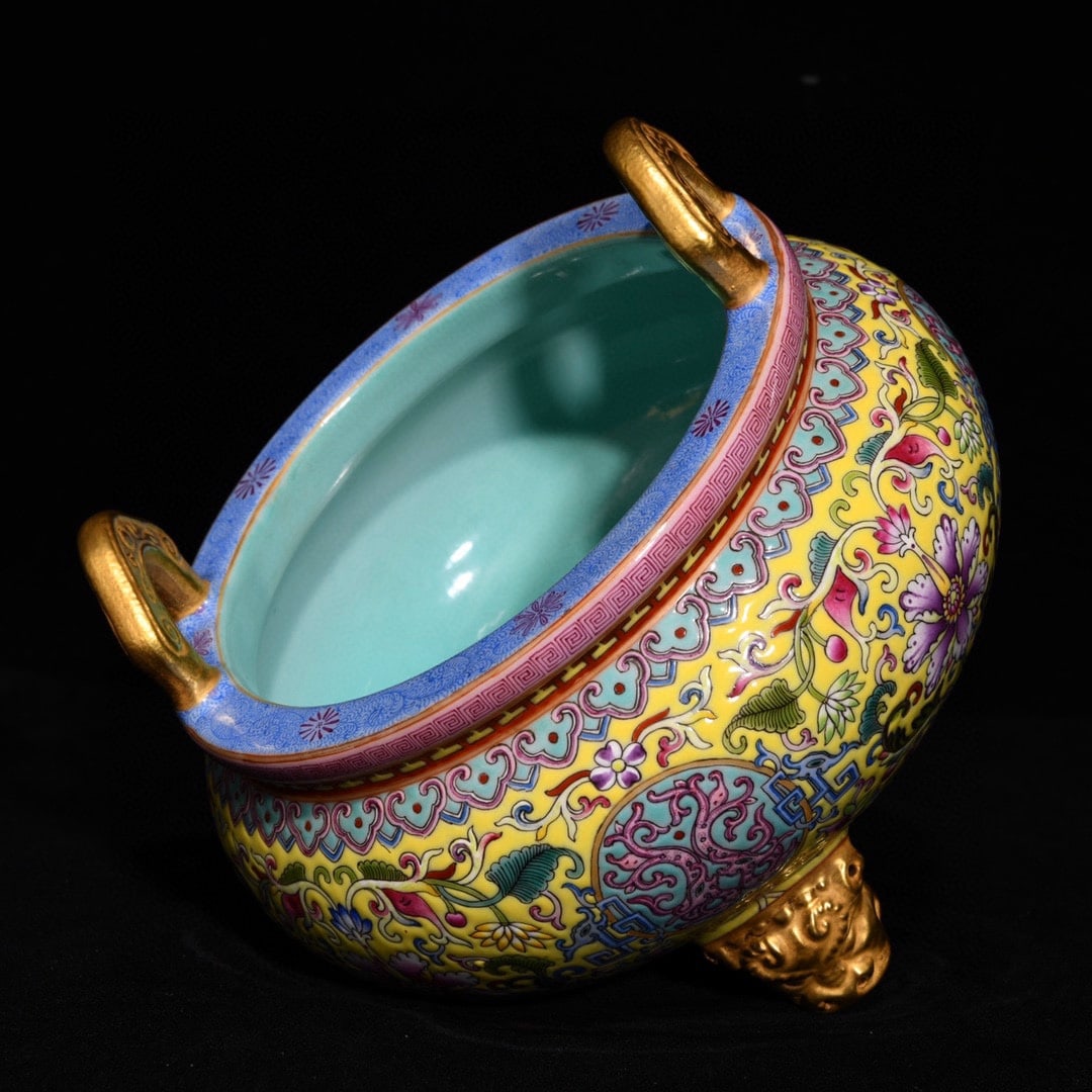 Old Gilt Gold Yellow Ground Famille Rose Double Ear Porcelain Incense Burner - 5