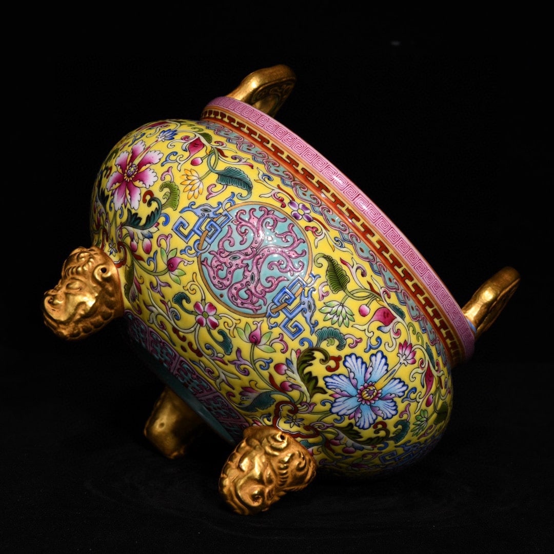 Old Gilt Gold Yellow Ground Famille Rose Double Ear Porcelain Incense Burner - 6