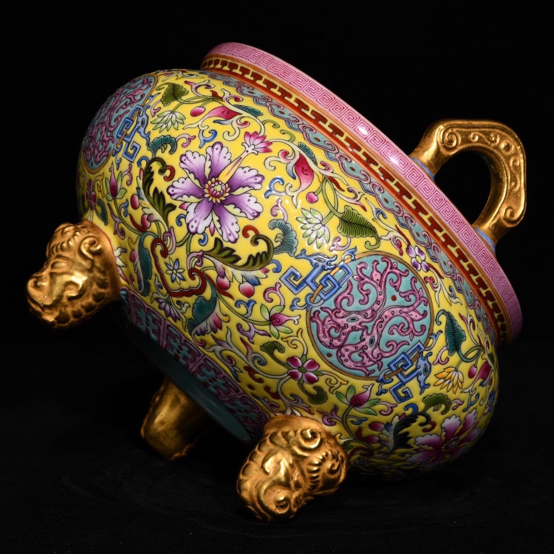 Old Gilt Gold Yellow Ground Famille Rose Double Ear Porcelain Incense Burner - 7