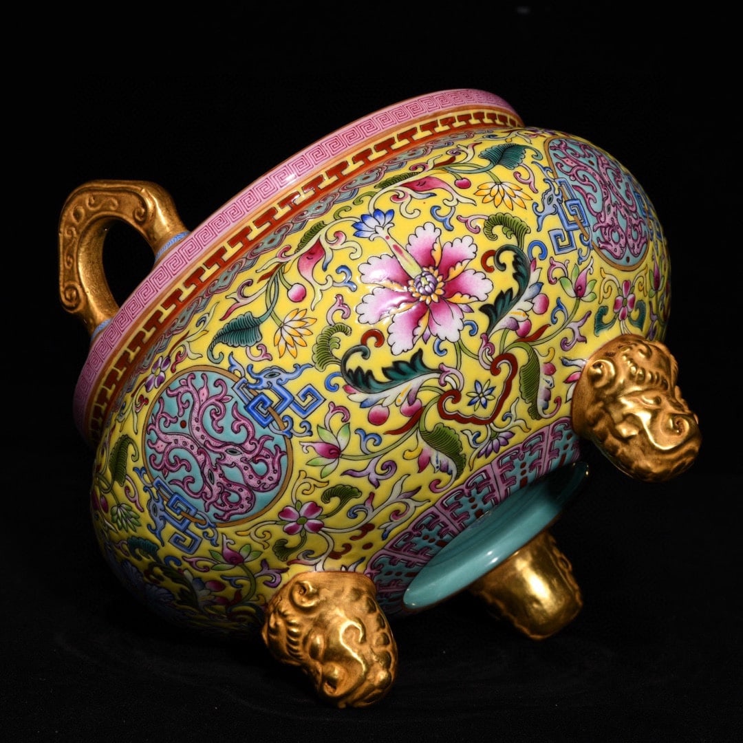 Old Gilt Gold Yellow Ground Famille Rose Double Ear Porcelain Incense Burner - 8