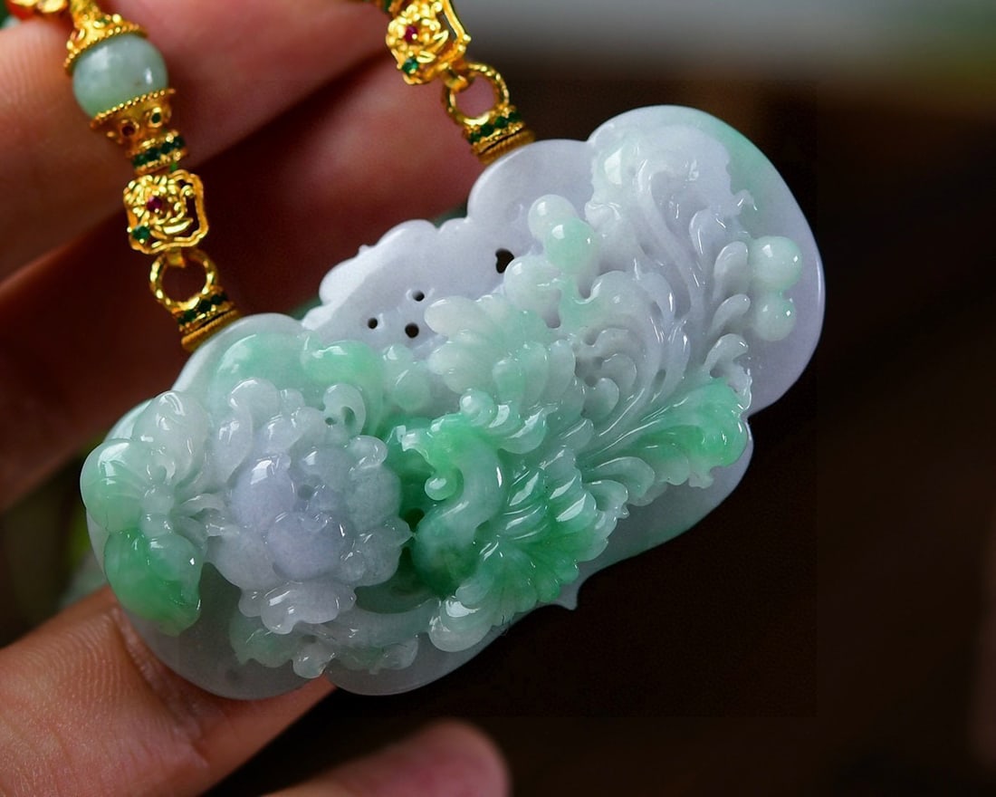 Green Jadeite Hand Carved Phoenix Peony Pendant with Certificate - 2