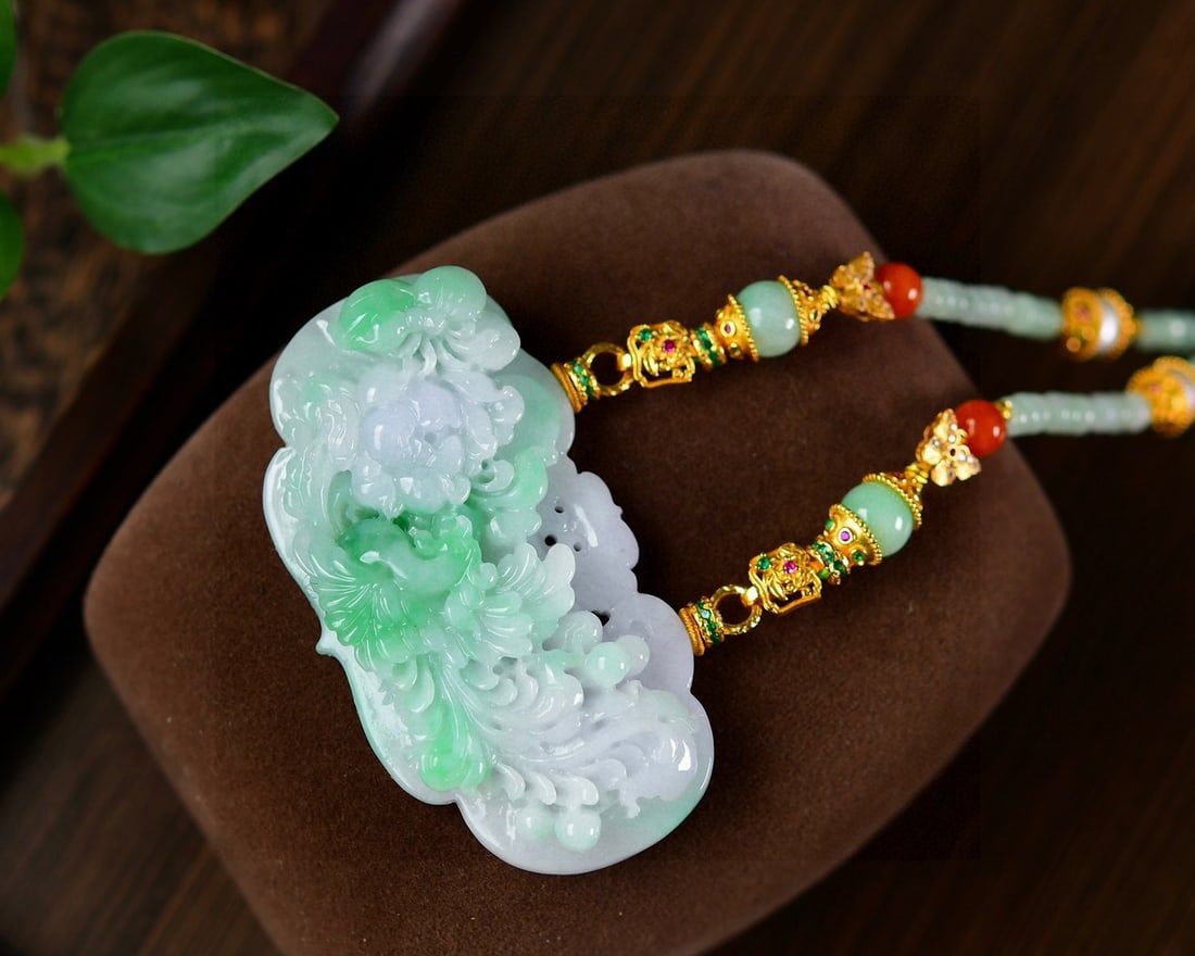 Green Jadeite Hand Carved Phoenix Peony Pendant with Certificate - 3