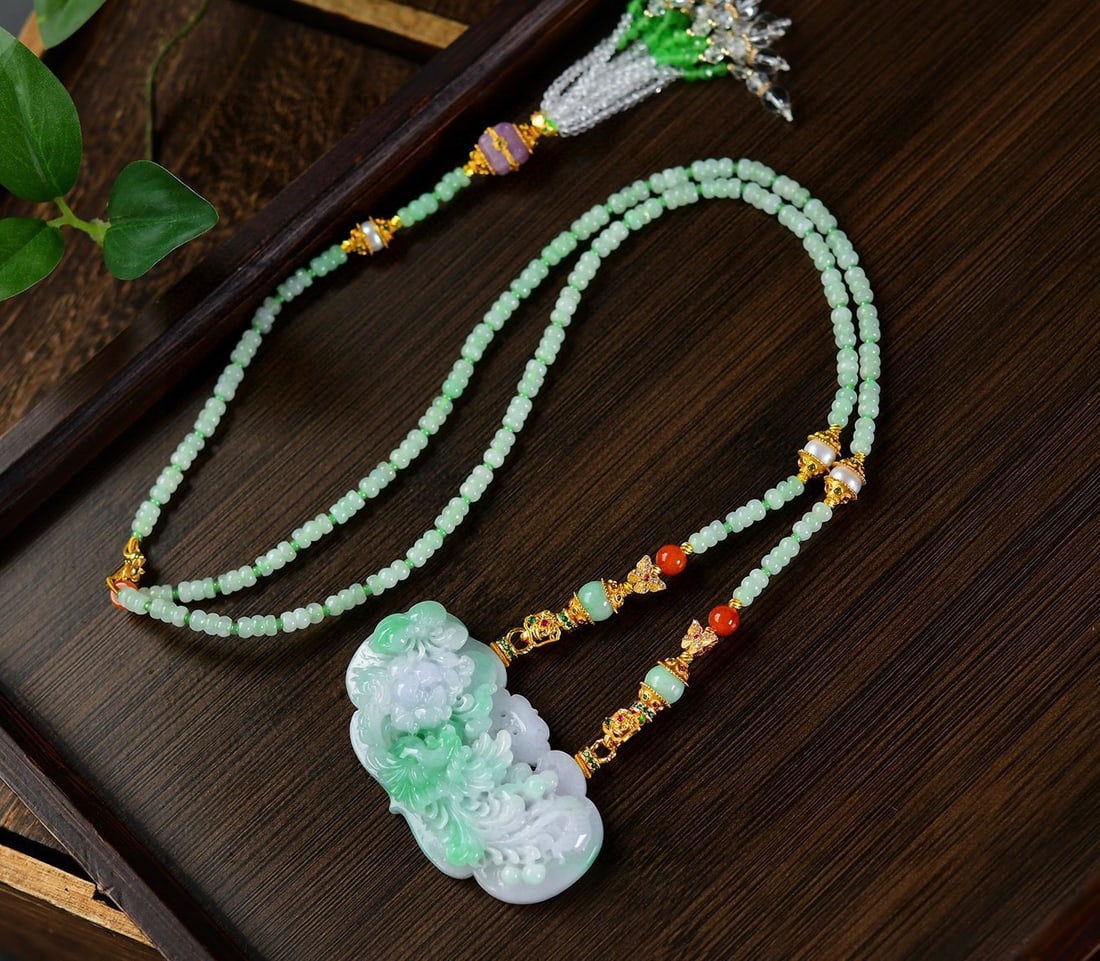 Green Jadeite Hand Carved Phoenix Peony Pendant with Certificate - 4