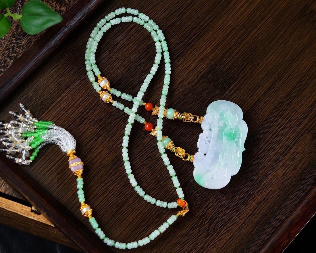 Green Jadeite Hand Carved Phoenix Peony Pendant with Certificate - 5