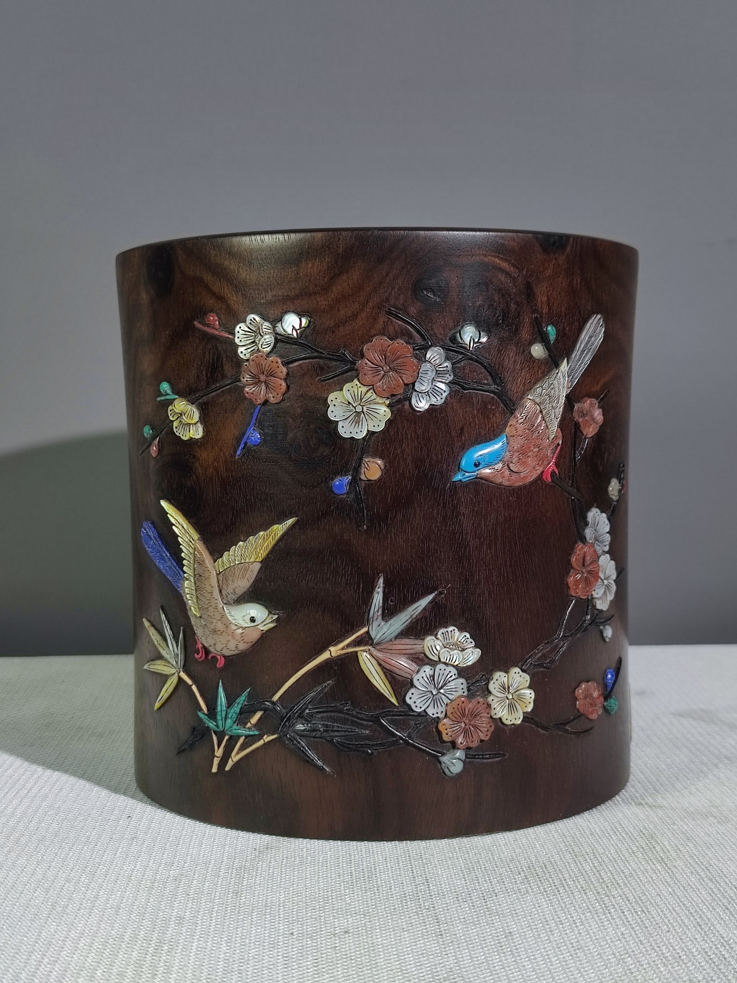 Vintage Zitan Wood Inlay Shell,Shoushan Stone,Gem Flower Bird Brush Pot - 2