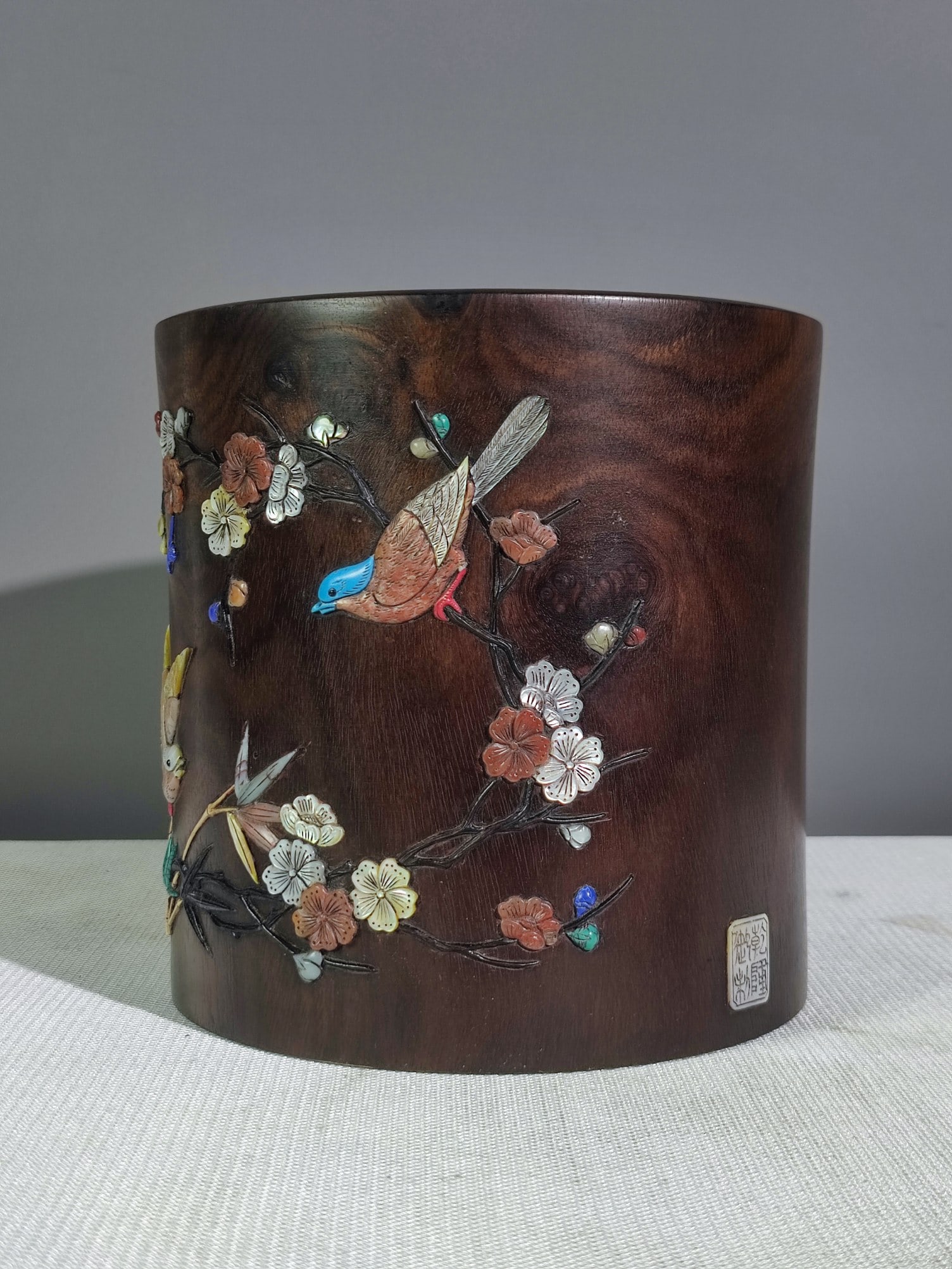 Vintage Zitan Wood Inlay Shell,Shoushan Stone,Gem Flower Bird Brush Pot - 3