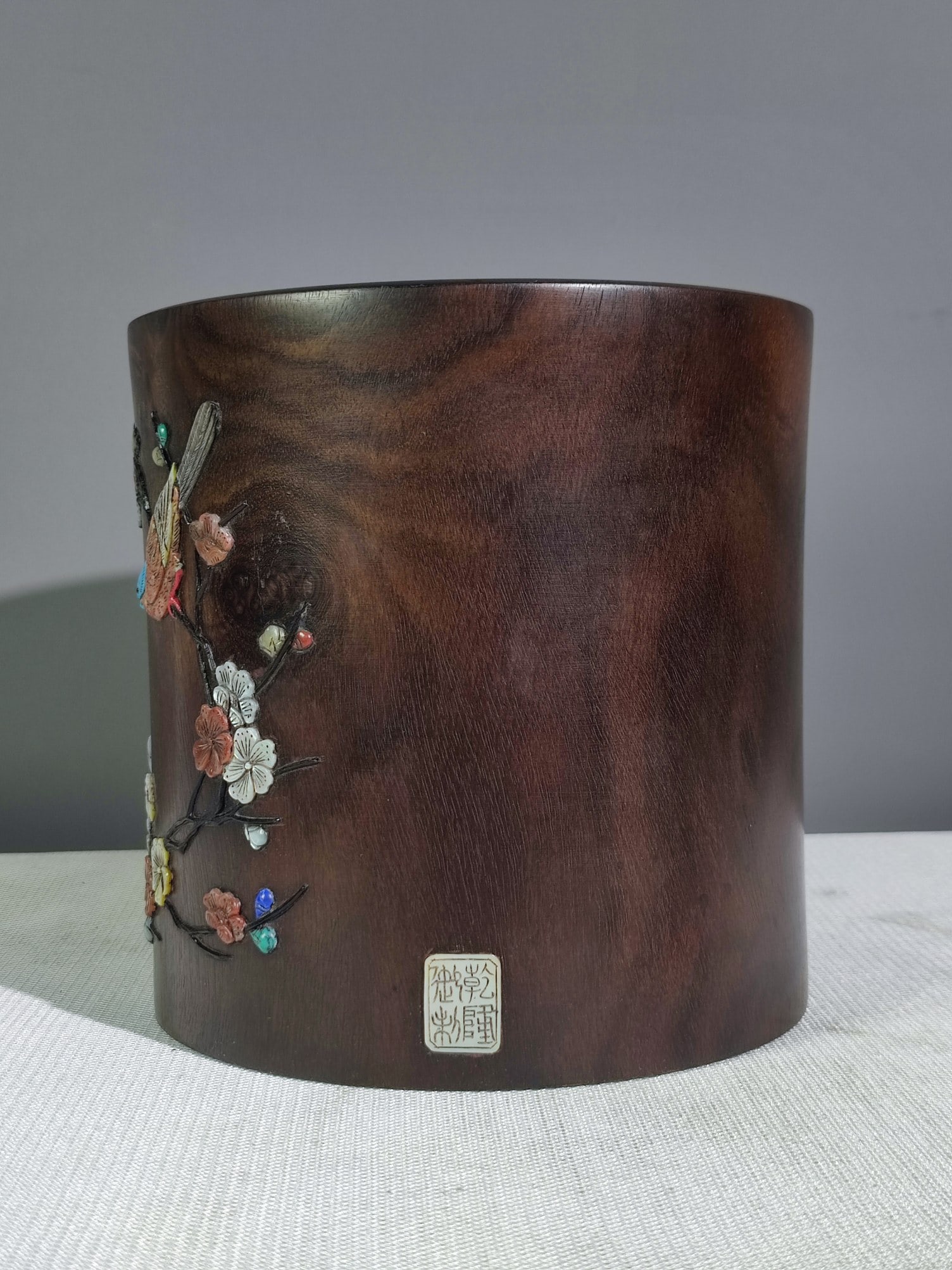 Vintage Zitan Wood Inlay Shell,Shoushan Stone,Gem Flower Bird Brush Pot - 4