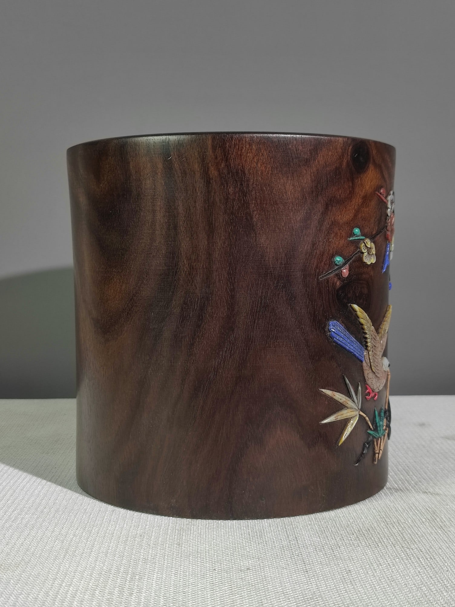 Vintage Zitan Wood Inlay Shell,Shoushan Stone,Gem Flower Bird Brush Pot - 6
