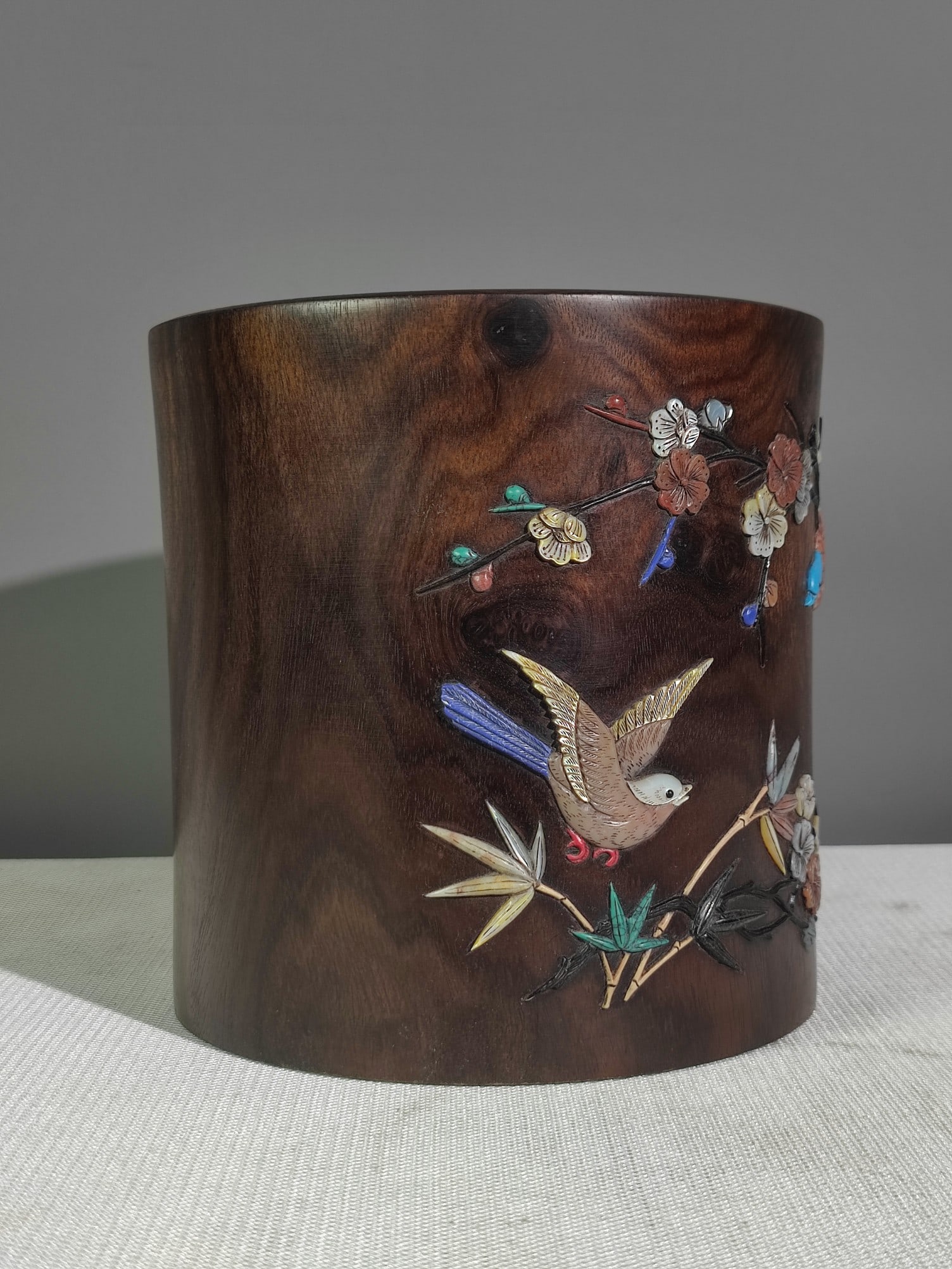 Vintage Zitan Wood Inlay Shell,Shoushan Stone,Gem Flower Bird Brush Pot - 7