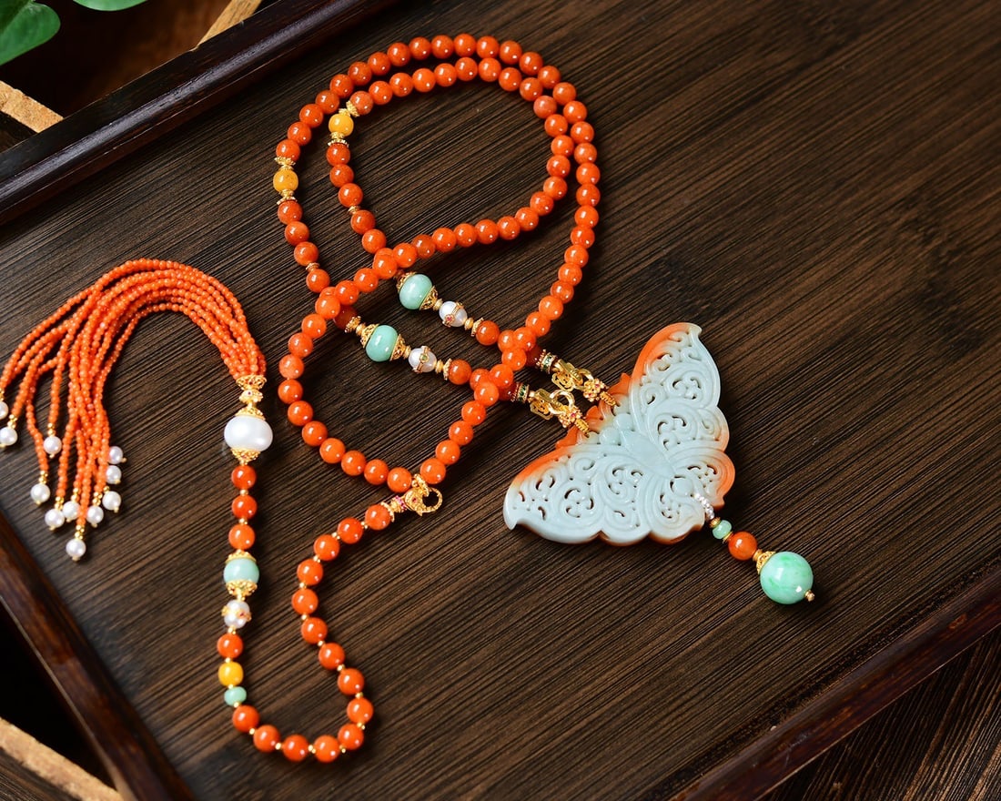 Red Jadeite Hand Carved Butterfly Pendant Necklace - 2