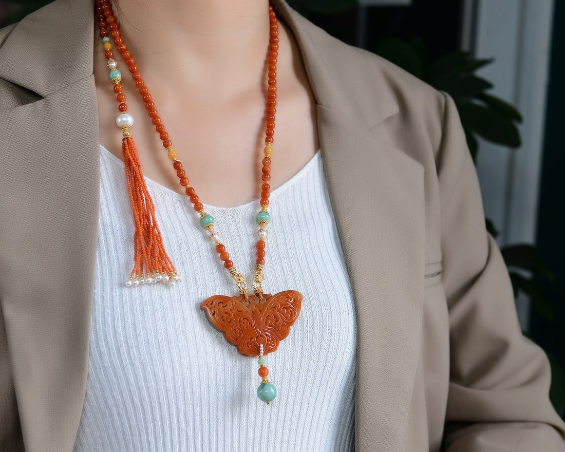 Red Jadeite Hand Carved Butterfly Pendant Necklace - 3