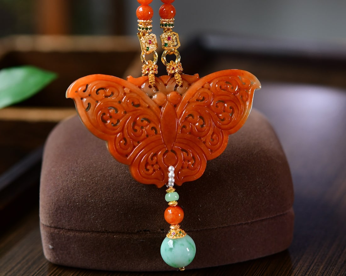 Red Jadeite Hand Carved Butterfly Pendant Necklace - 4