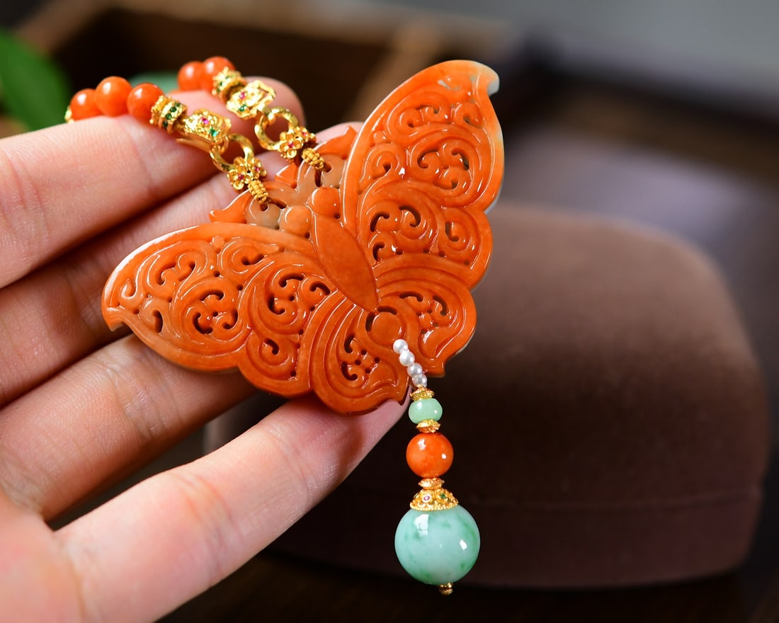 Red Jadeite Hand Carved Butterfly Pendant Necklace - 5