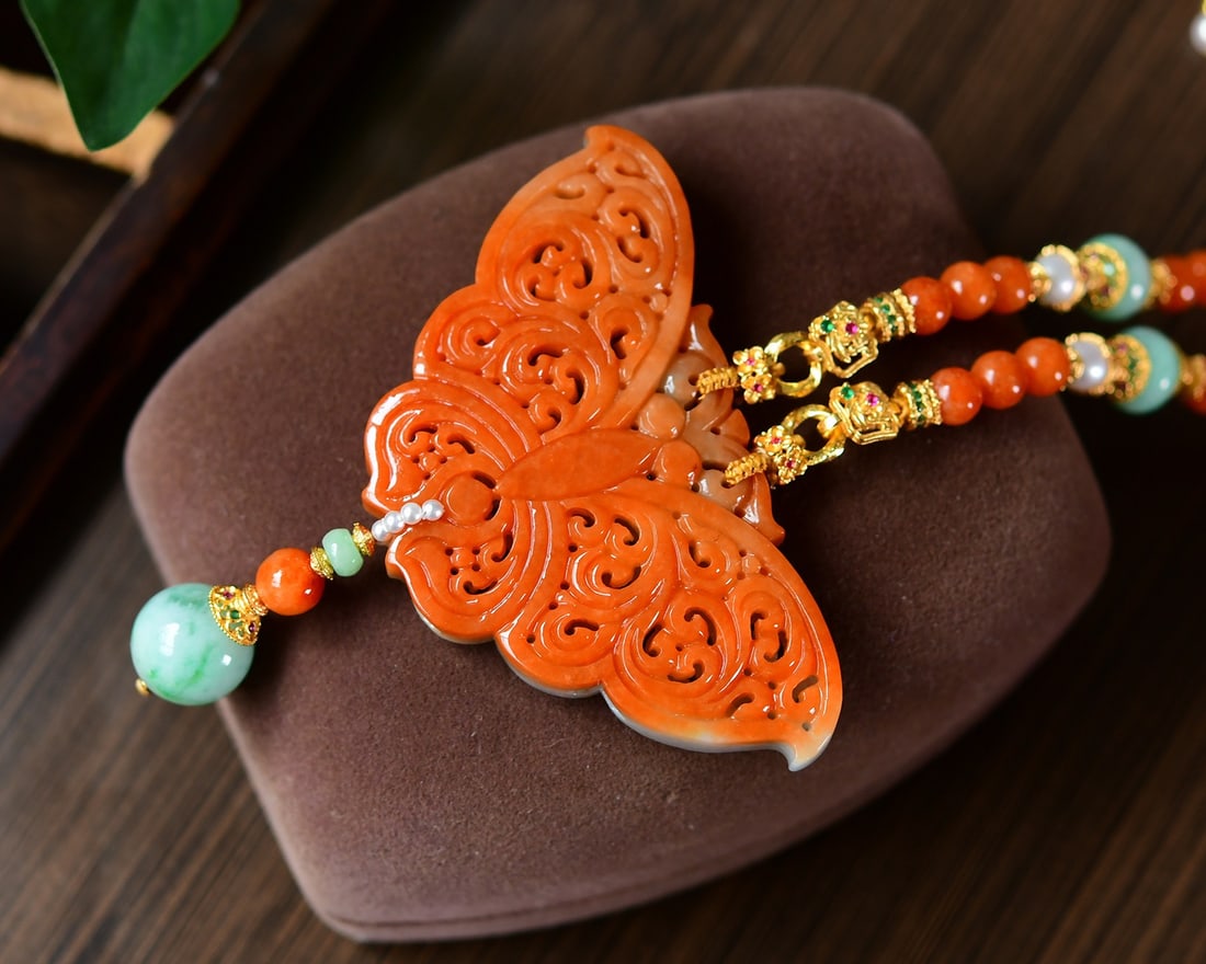 Red Jadeite Hand Carved Butterfly Pendant Necklace - 6