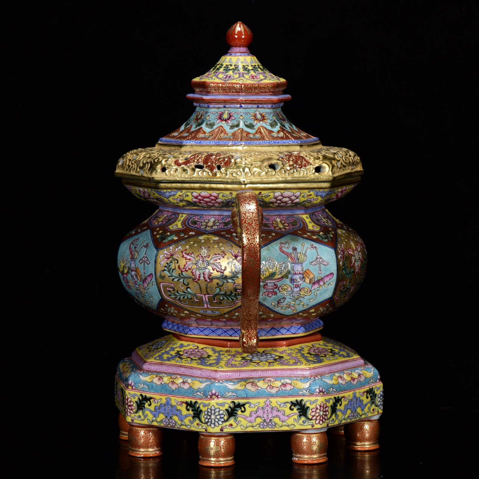 Superb Gilt Gold Famille Rose Porcelain Incense Burner - 2
