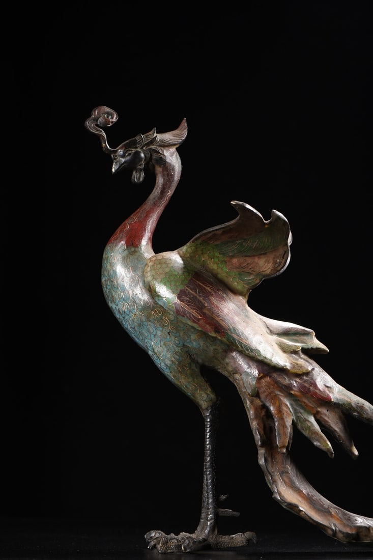 Vintage Bronze Cloisonne Phoenix Statue - 2