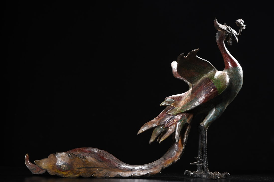 Vintage Bronze Cloisonne Phoenix Statue - 7