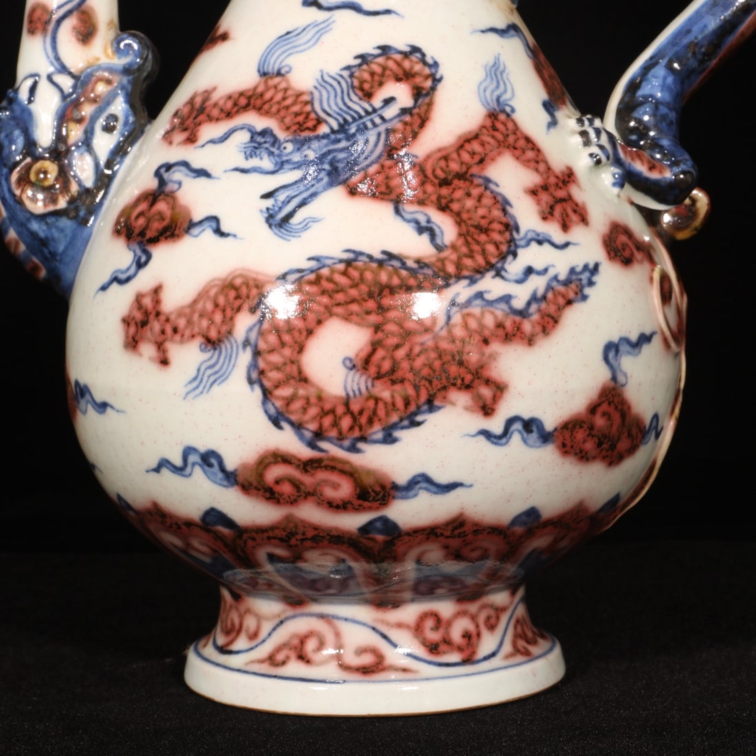 Old Red Under the Glaze Blue and White Porcelain Dragon Wine Pot - 3