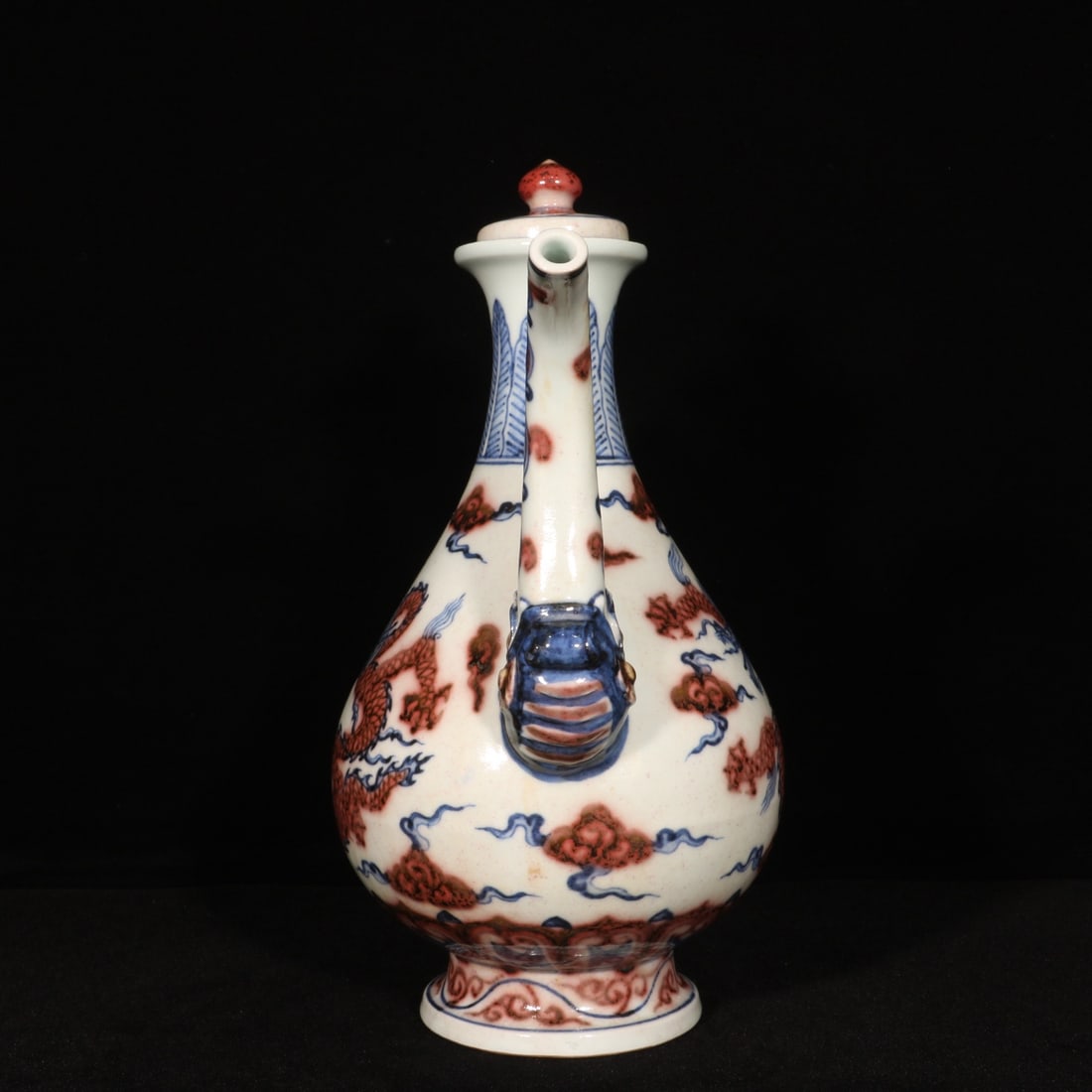 Old Red Under the Glaze Blue and White Porcelain Dragon Wine Pot - 4