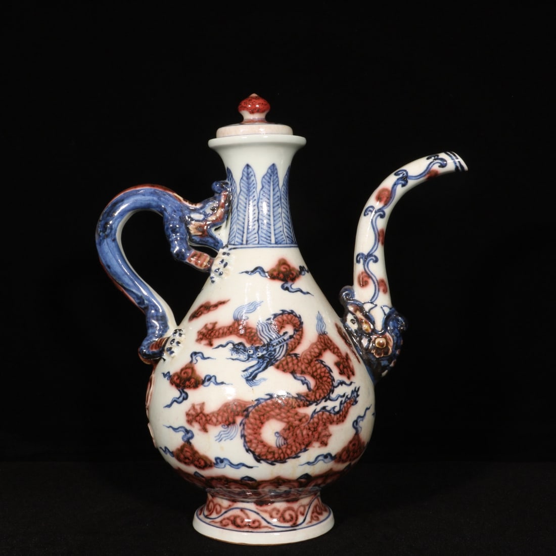 Old Red Under the Glaze Blue and White Porcelain Dragon Wine Pot - 5