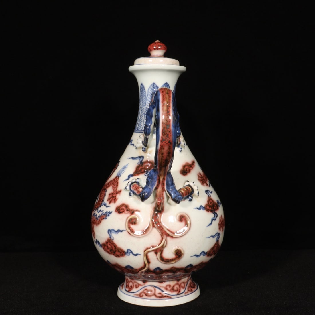 Old Red Under the Glaze Blue and White Porcelain Dragon Wine Pot - 6