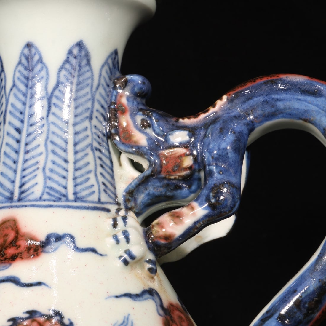Old Red Under the Glaze Blue and White Porcelain Dragon Wine Pot - 7