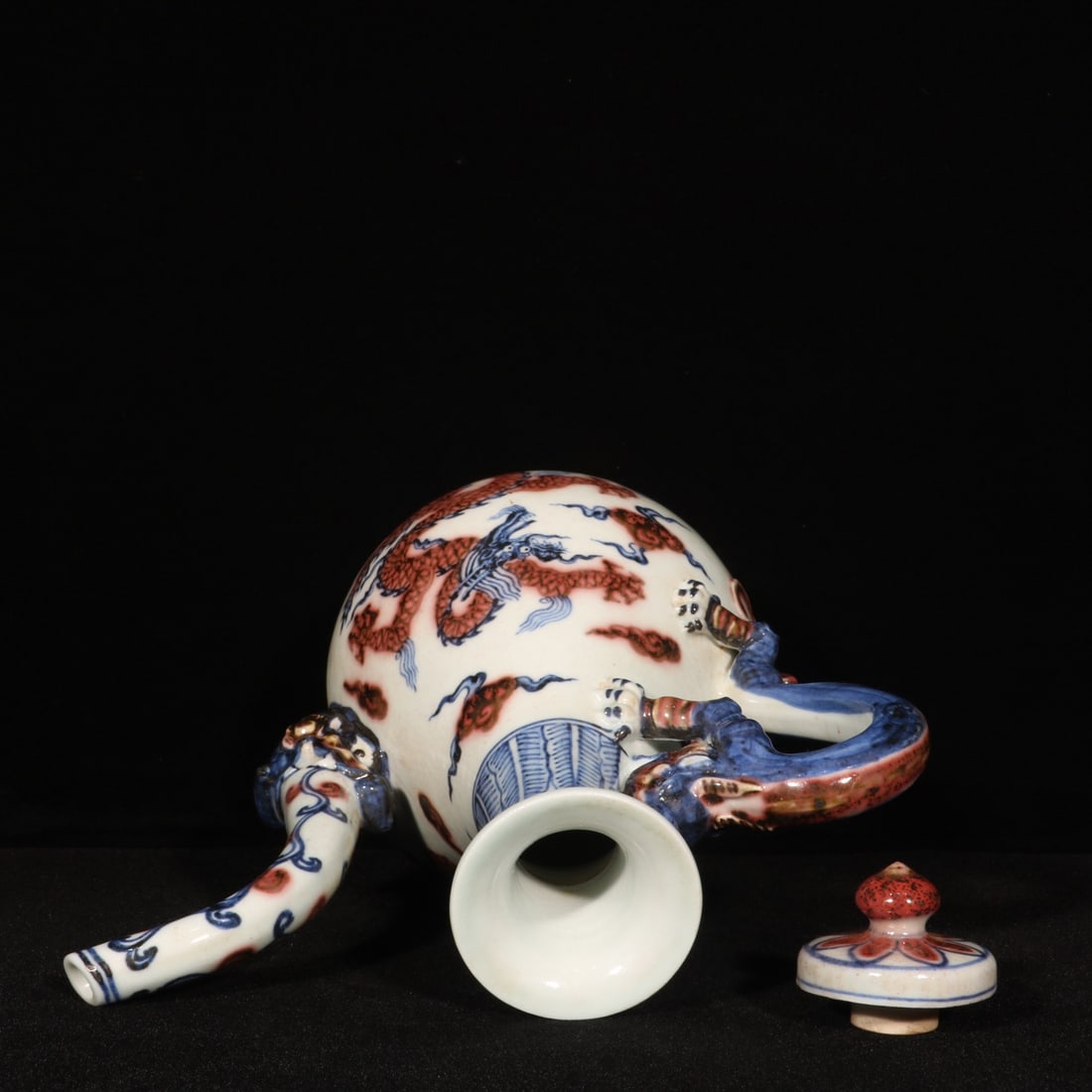 Old Red Under the Glaze Blue and White Porcelain Dragon Wine Pot - 8