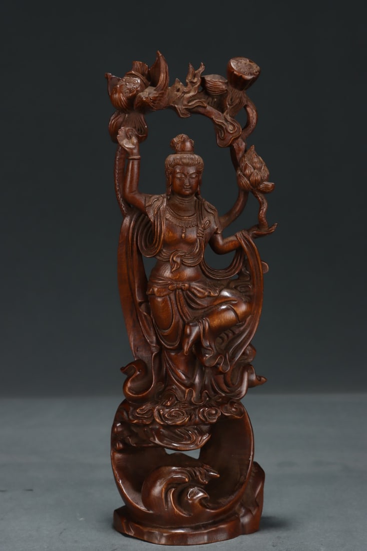 Vintage Boxwood Wood Hand Carved Figure Statue w Box - 2