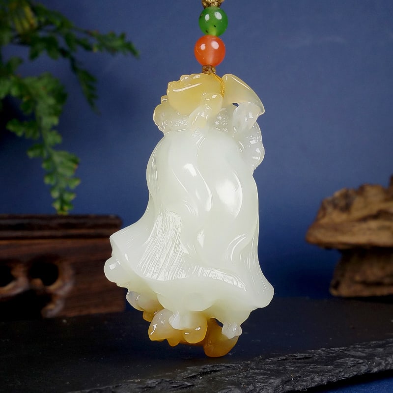 Hetian Jade Hand Carved Lotus Seedpod Pendnat with Certificate - 2