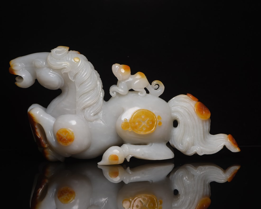 Hetian Jade Hand Carved Horse Monkey Statue - 2