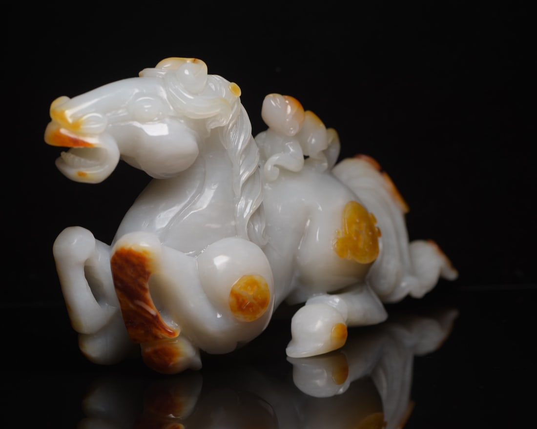 Hetian Jade Hand Carved Horse Monkey Statue - 3