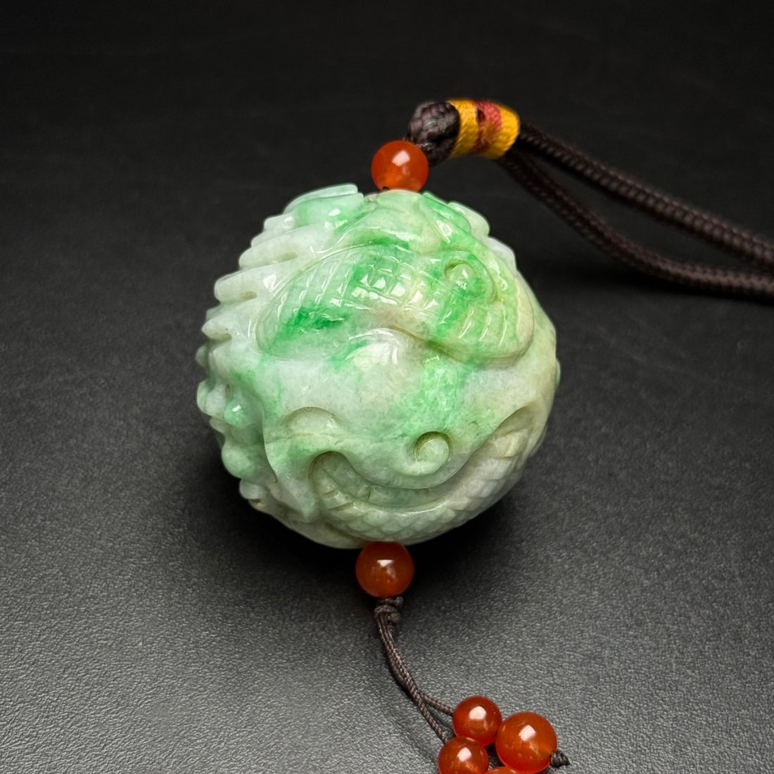 Jadeite Carved Dragon Ball Pendant - 3