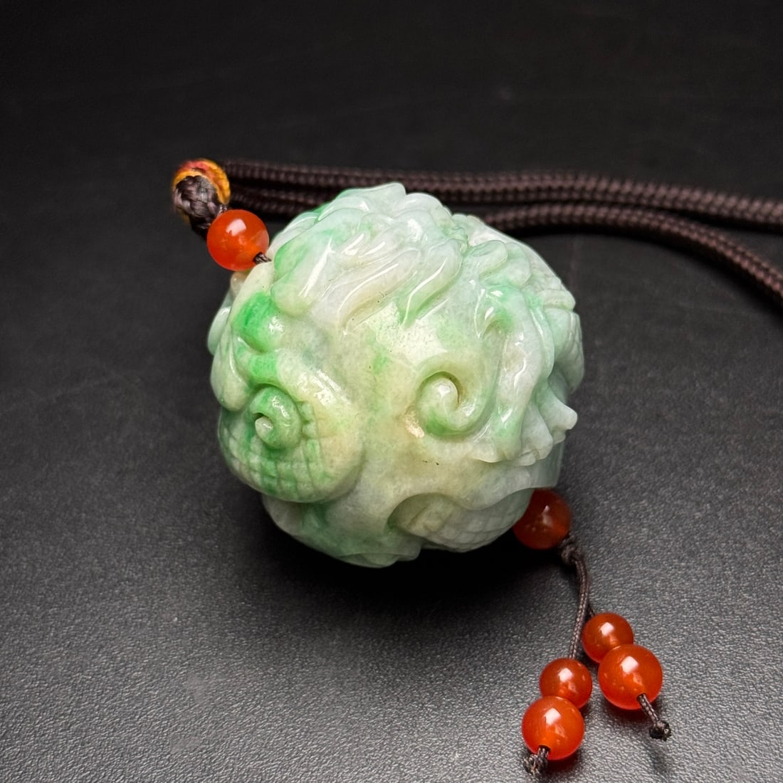 Jadeite Carved Dragon Ball Pendant - 4