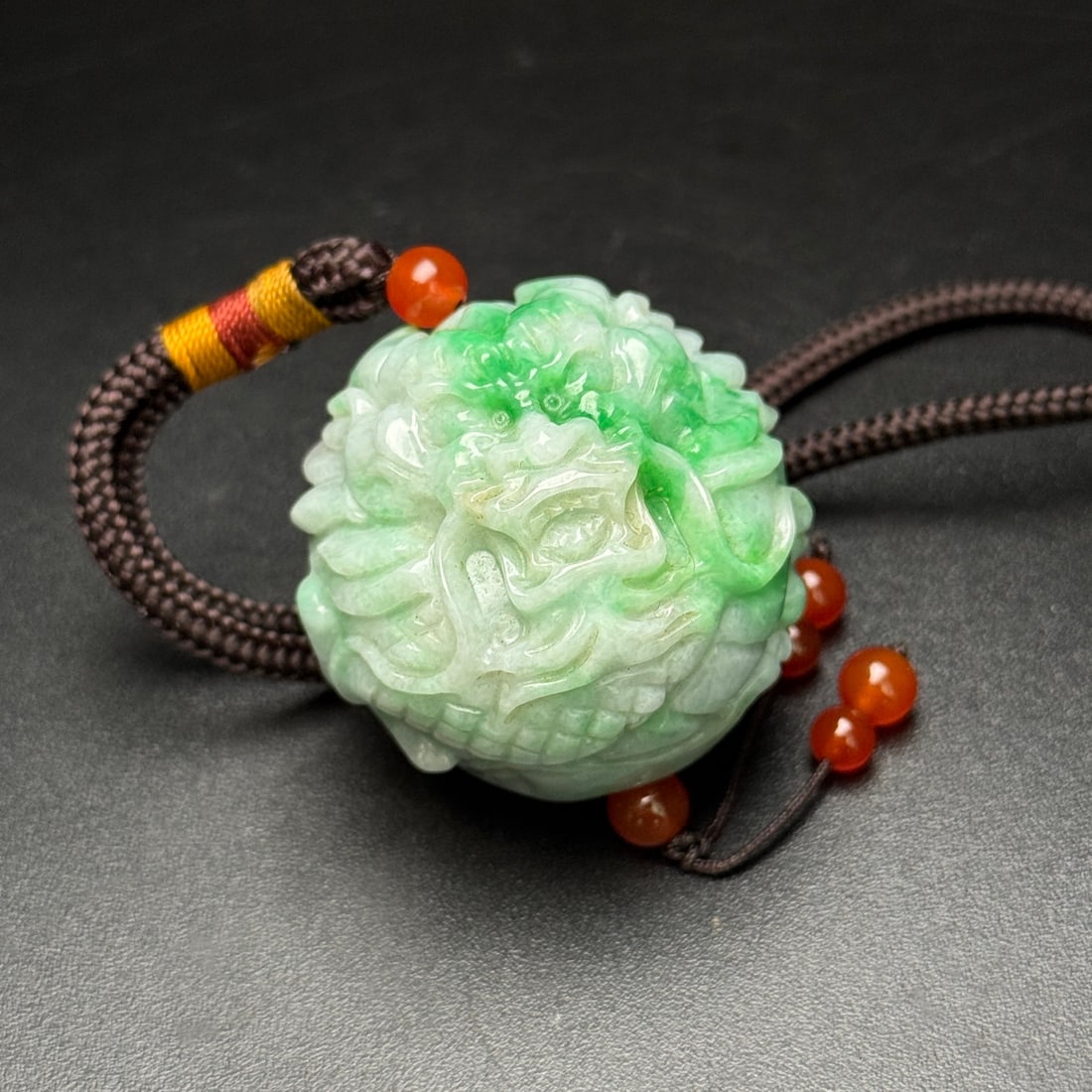 Jadeite Carved Dragon Ball Pendant - 7
