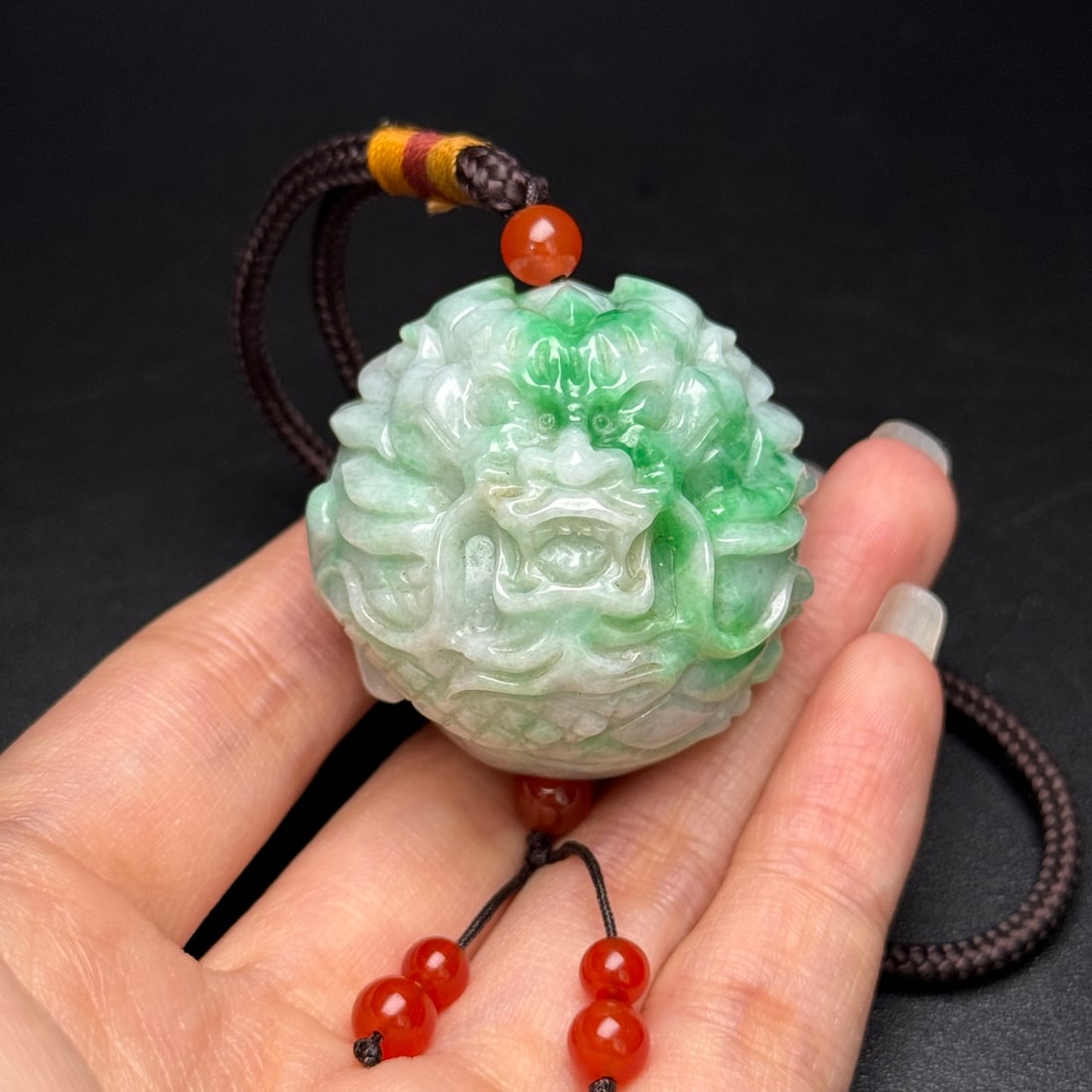 Jadeite Carved Dragon Ball Pendant - 8