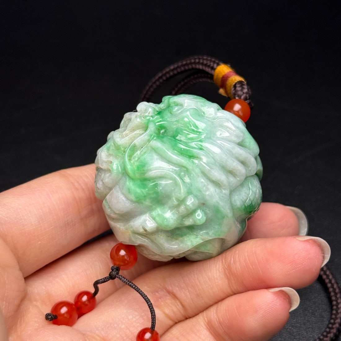 Jadeite Carved Dragon Ball Pendant - 9