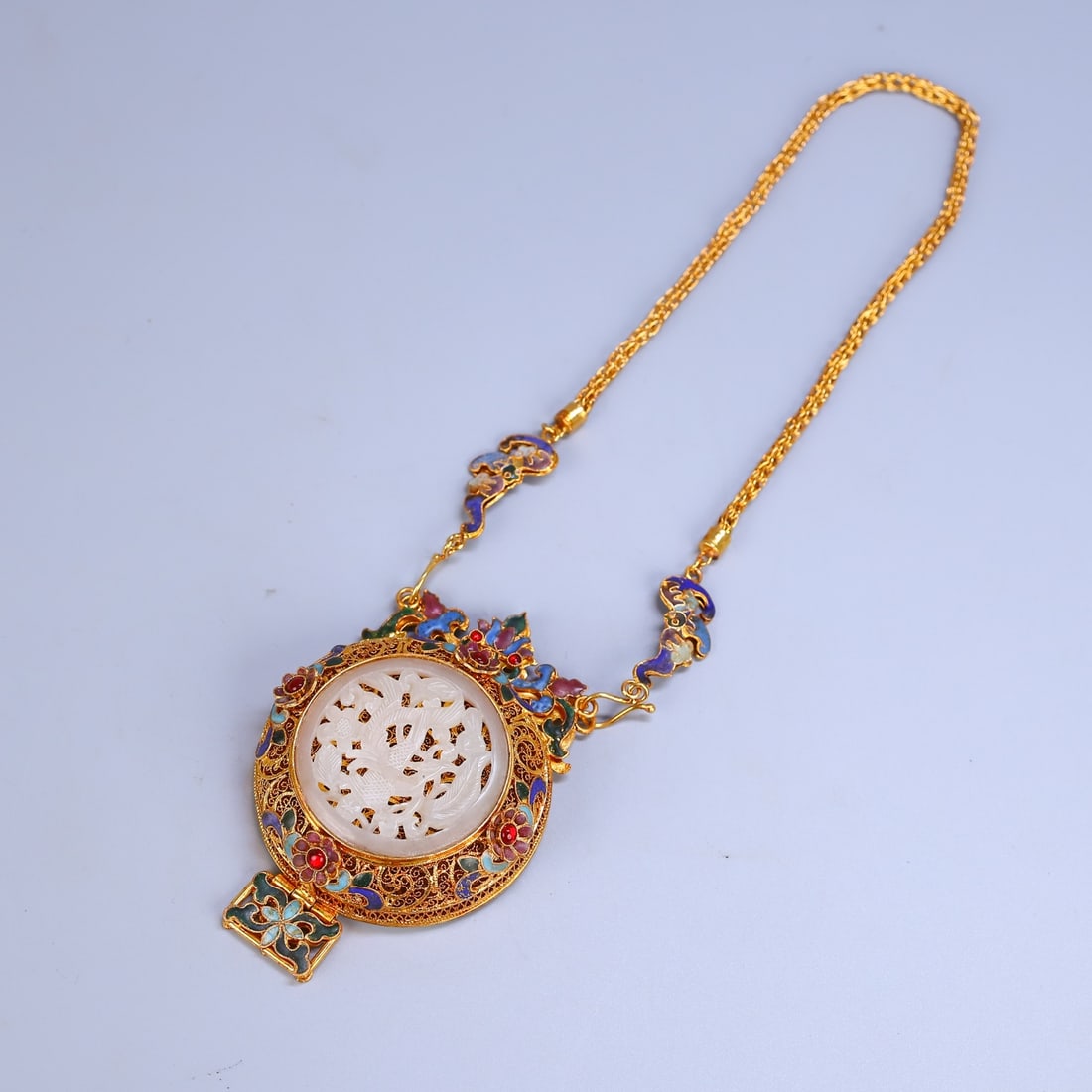 Gold Wires Enamel Inlay Hetian Jade Sachet Pendant - 2