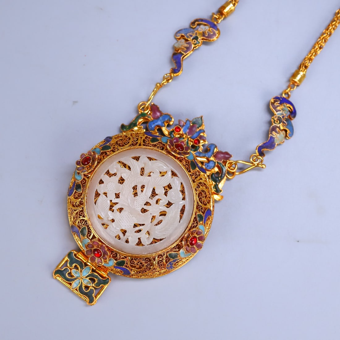 Gold Wires Enamel Inlay Hetian Jade Sachet Pendant - 3