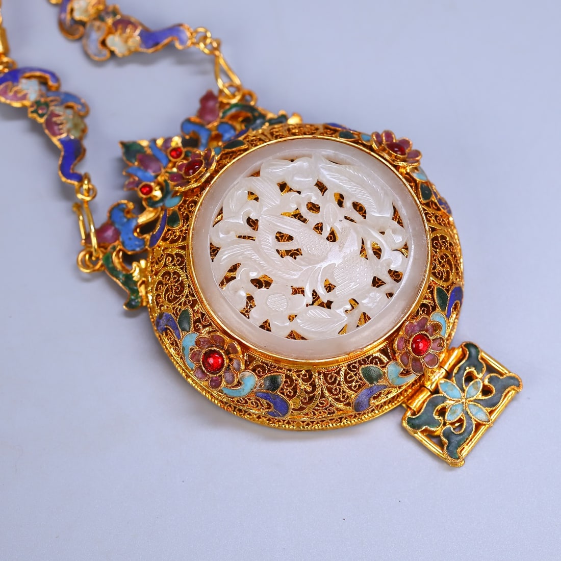 Gold Wires Enamel Inlay Hetian Jade Sachet Pendant - 4