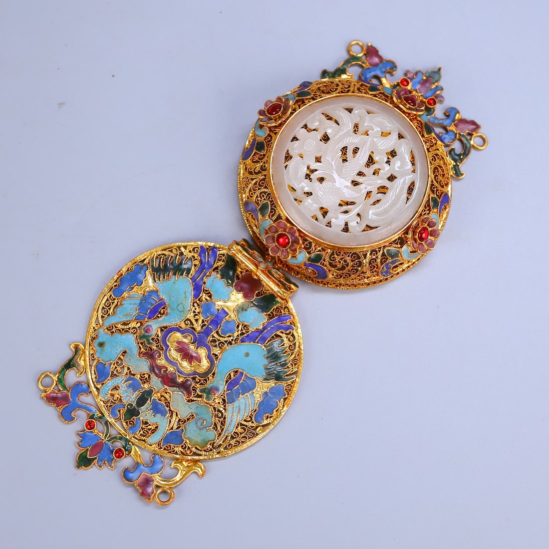 Gold Wires Enamel Inlay Hetian Jade Sachet Pendant - 5