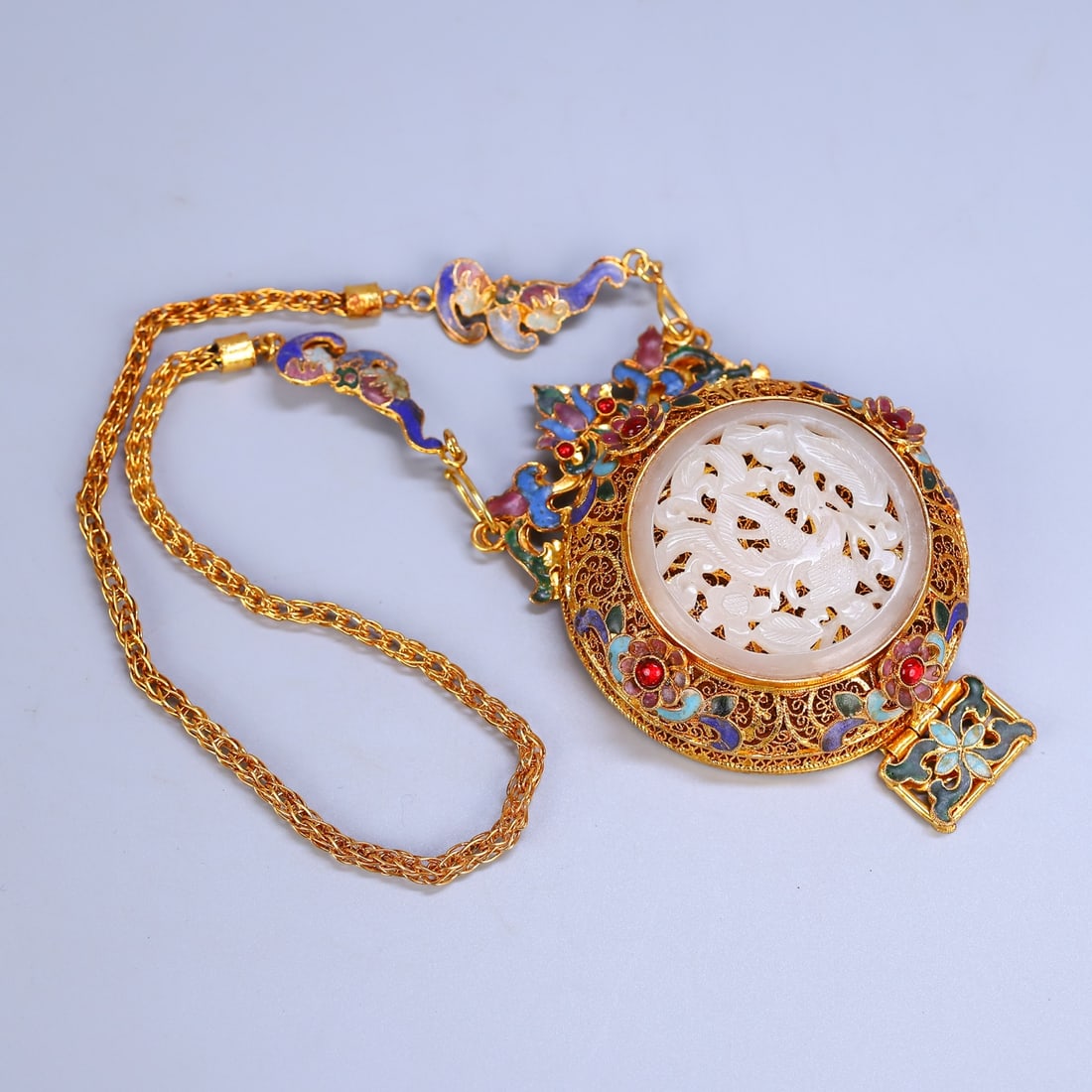 Gold Wires Enamel Inlay Hetian Jade Sachet Pendant - 8
